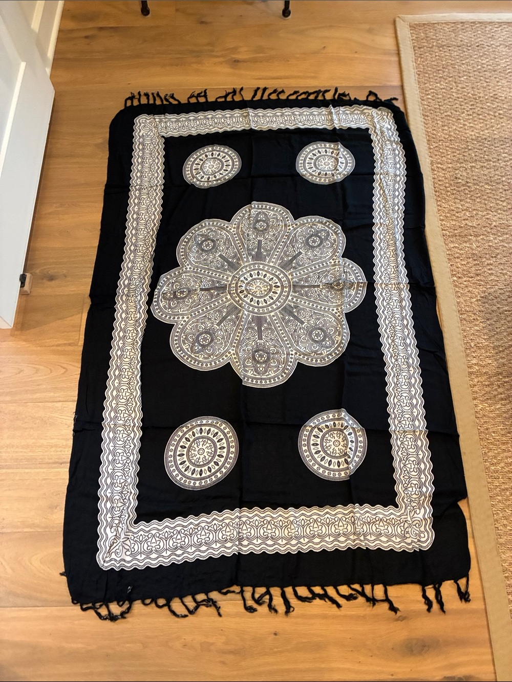 Black & White Bohemian Mandala Swimsuit Coverup with Fringe